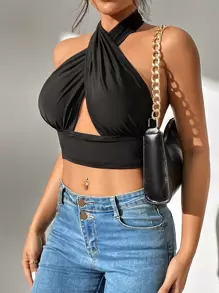SHEIN PETITE Crossover Backless Crop Halter Top - Black - View 3