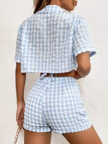 SHEIN PETITE Gingham Print Crop Blouse & Halter Top & Shorts - Blue and White - View 2