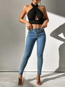 SHEIN PETITE Crossover Backless Crop Halter Top - Black - View 4