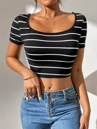 SHEIN PETITE Striped Crop Tee