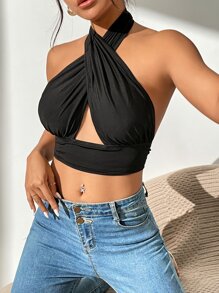 SHEIN PETITE Crossover Backless Crop Halter Top - Black - View 6