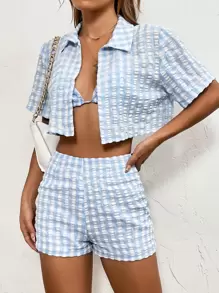 SHEIN PETITE Gingham Print Crop Blouse & Halter Top & Shorts - Blue and White - View 6