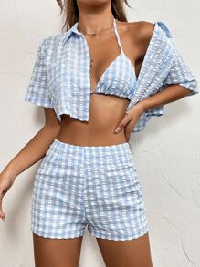 SHEIN PETITE Gingham Print Crop Blouse & Halter Top & Shorts - Blue and White - View 7