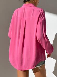 SHEIN PETITE Drop Shoulder Button Front Shirt - Pink - View 2