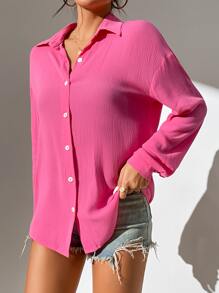 SHEIN PETITE Drop Shoulder Button Front Shirt - Pink - View 3