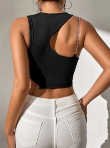 SHEIN PETITE Chain Detail Cut Out Crop Top - Black - View 2