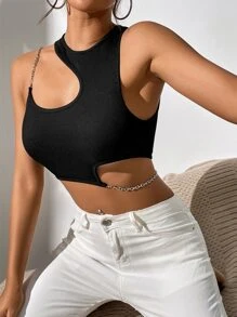 SHEIN PETITE Chain Detail Cut Out Crop Top - Black - View 3