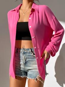 SHEIN PETITE Drop Shoulder Button Front Shirt - Pink - View 6