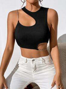SHEIN PETITE Chain Detail Cut Out Crop Top - Black - View 5