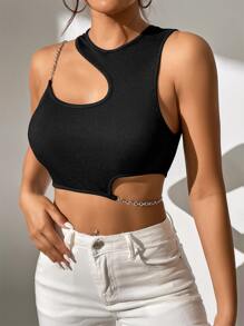 SHEIN PETITE Chain Detail Cut Out Crop Top - Black - View 6