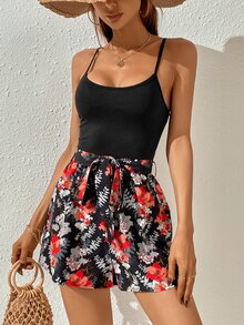 Floral Print Belted Cami Romper - Multicolor - View 3