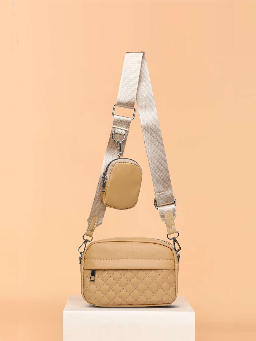 Minimalist Quilted Square Bag With Small Pouch - Camel - View 1