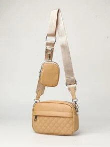 Minimalist Quilted Square Bag With Small Pouch - Camel - View 2