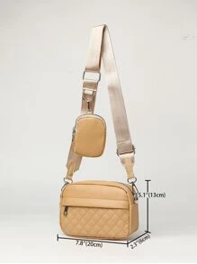 Minimalist Quilted Square Bag With Small Pouch - Camel - View 6