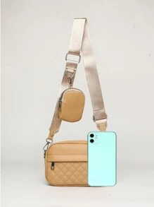 Minimalist Quilted Square Bag With Small Pouch - Camel - View 7