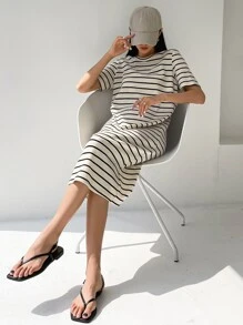 Dazy-Less 条纹印花T恤连衣裙复古风格太阳裙商务休闲女装 - 黑與白 - 查看 7