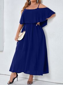 Modelyn Plus Cold Shoulder Overlay Dress - Navy Blue - View 4