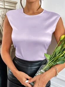 SHEIN Privé 素色無袖緞面襯衫 - 紫丁香色 - 查看 3
