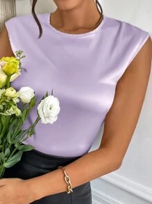 SHEIN Privé 素色無袖緞面襯衫 - 紫丁香色 - 查看 5