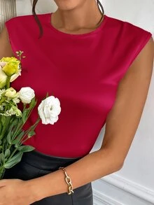 SHEIN Privé 素色無袖緞面襯衫 - 紅色 - 查看 5