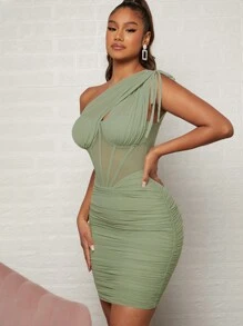 L'Amorae 夏季单肩紧身褶饰连衣裙 - 薄荷綠 - 查看 4
