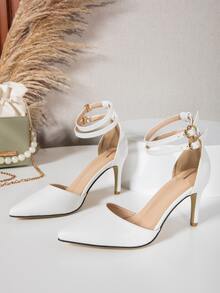 Buckle Detail Stiletto Heeled Ankle Strap Pumps - White - View 3