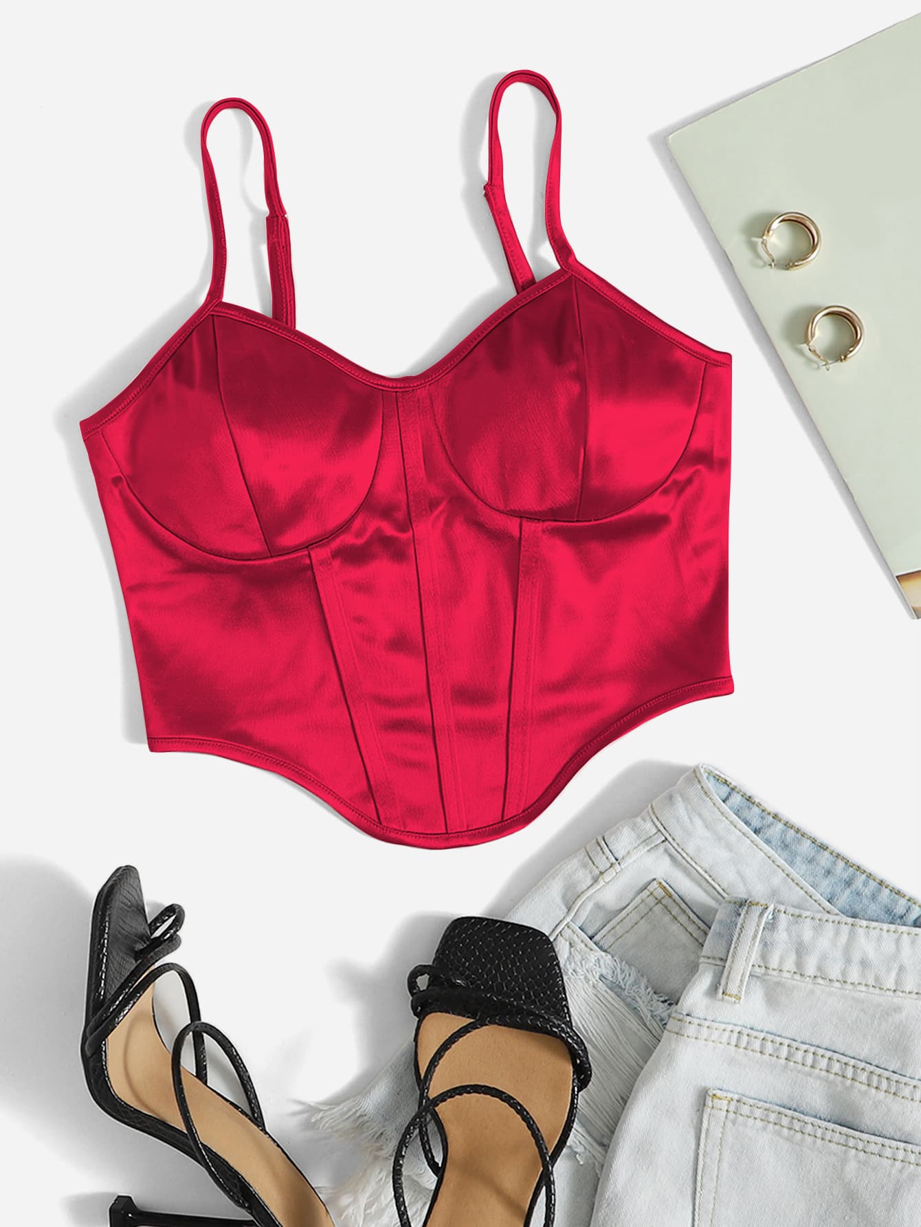 Chiquease Curved Hem Satin Cami Top - Red - View 1