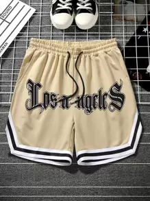 Aesthetic Post Pantalones Cortos Holgados Para Hombre Con Estampado De Letras, Ribete En Contraste Y Cordón En La Cintura - Caqui - Ver 1