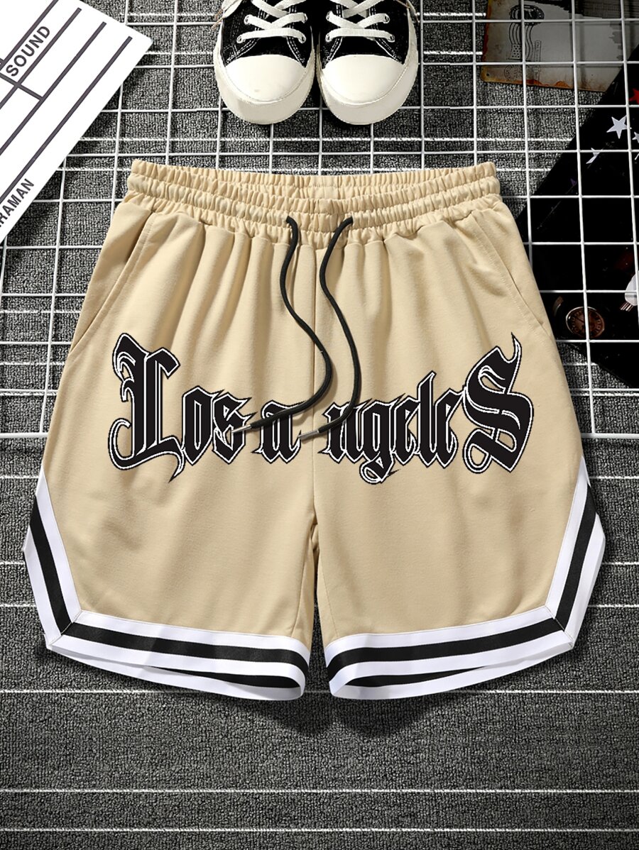 Aesthetic Post Pantalones Cortos Holgados Para Hombre Con Estampado De Letras, Ribete En Contraste Y Cordón En La Cintura - Caqui - Ver 1
