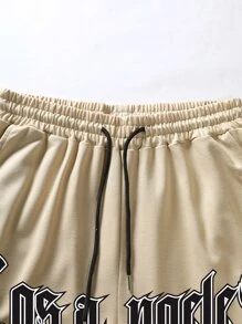 Aesthetic Post Pantalones Cortos Holgados Para Hombre Con Estampado De Letras, Ribete En Contraste Y Cordón En La Cintura - Caqui - Ver 5