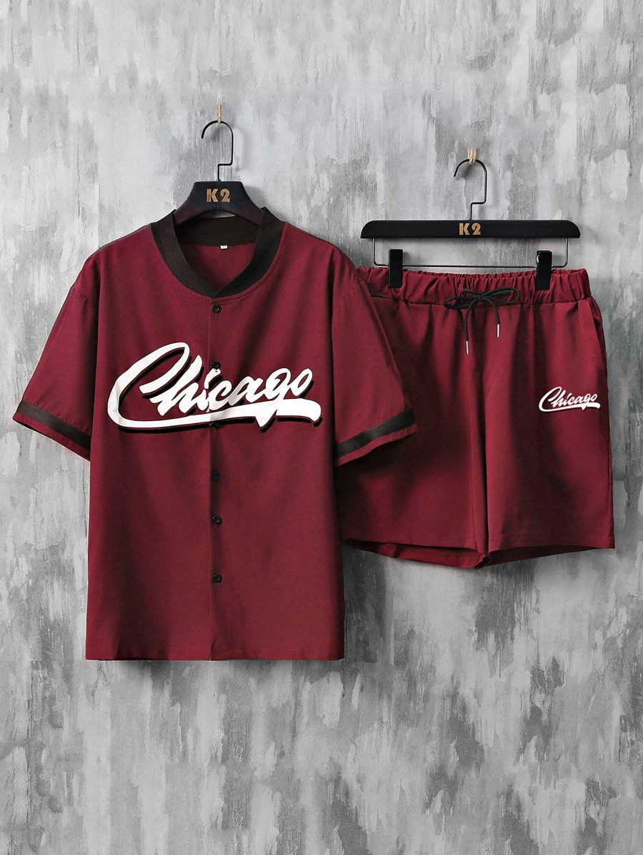 Aesthetic Post--Men Letter Graphic Baseball Collar Shirt & Drawstring Waist Shorts - Burgundy - View 1