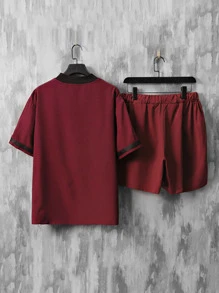 Aesthetic Post--Men Letter Graphic Baseball Collar Shirt & Drawstring Waist Shorts - Burgundy - View 2