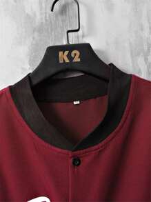 Aesthetic Post--Men Letter Graphic Baseball Collar Shirt & Drawstring Waist Shorts - Burgundy - View 3