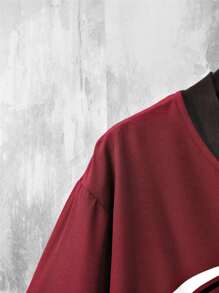 Aesthetic Post--Men Letter Graphic Baseball Collar Shirt & Drawstring Waist Shorts - Burgundy - View 4