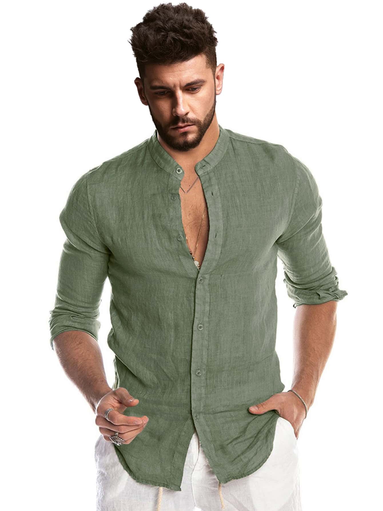 Manfinity RSRT Hombres Camisa cuello alzado con botón