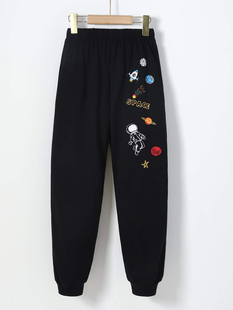 SHEIN 男孩星球和宇航員印花衛褲 - 黑色 - 查看 1