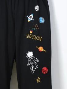 SHEIN 男孩星球和宇航員印花衛褲 - 黑色 - 查看 3