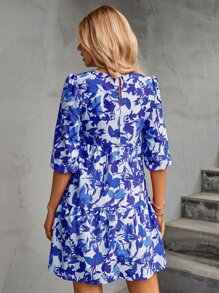 Floral Print Lantern Sleeve Ruffle Hem Smock Dress - Blue - View 2