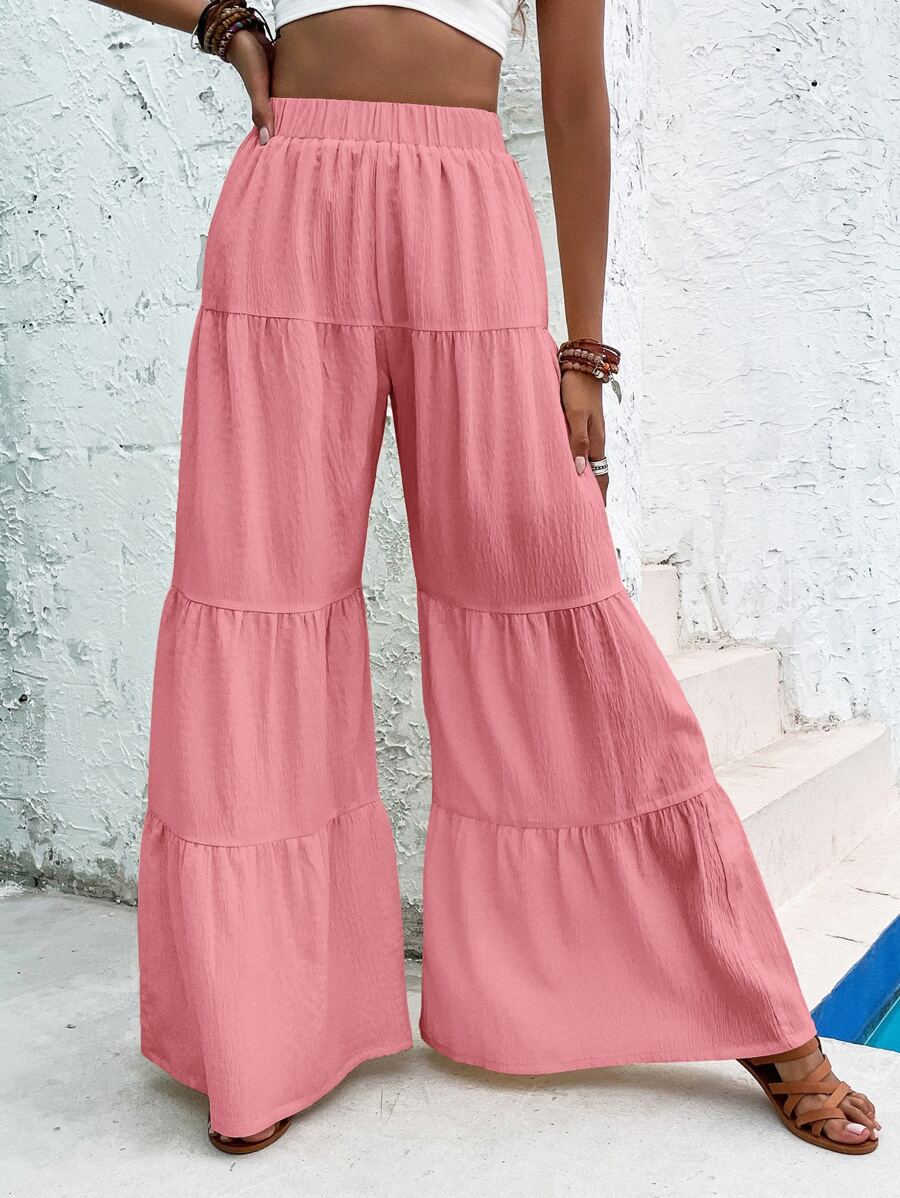 Ruffle Hem Wide Leg Trousers - Pink - View 1