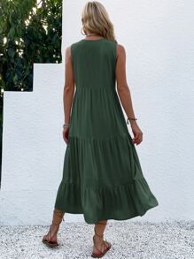 Breezaya Button Detail Layered Hem Smock Dress Maxi Vacation Beach Outfits Women