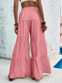 Ruffle Hem Wide Leg Trousers - Pink - View 2