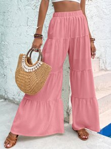 Ruffle Hem Wide Leg Trousers - Pink - View 3