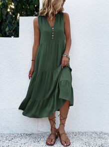 Breezaya Button Detail Layered Hem Smock Dress Maxi Vacation Beach Outfits Women