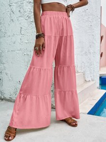 Ruffle Hem Wide Leg Trousers - Pink - View 4