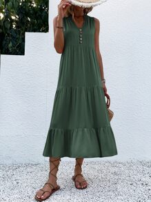 Breezaya Button Detail Layered Hem Smock Dress Maxi Vacation Beach Outfits Women