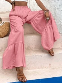 Ruffle Hem Wide Leg Trousers - Pink - View 5