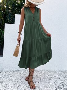 Breezaya Button Detail Layered Hem Smock Dress Maxi Vacation Beach Outfits Women