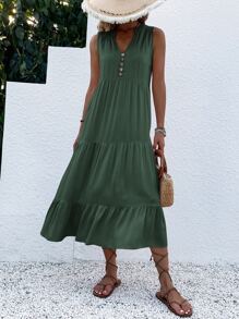Breezaya Button Detail Layered Hem Smock Dress Maxi Vacation Beach Outfits Women
