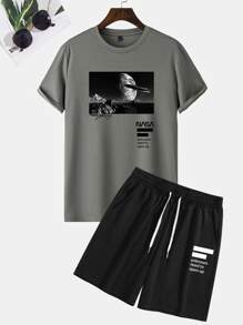 Manfinity Homme Men Slogan & Graphic Tee And  Drawstring Shorts Set - Multicolor - View 1