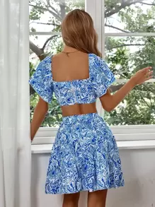 Breezaya Vestido con estampado floral con abertura bajo con fruncido - Azul y blanco - Ver 2